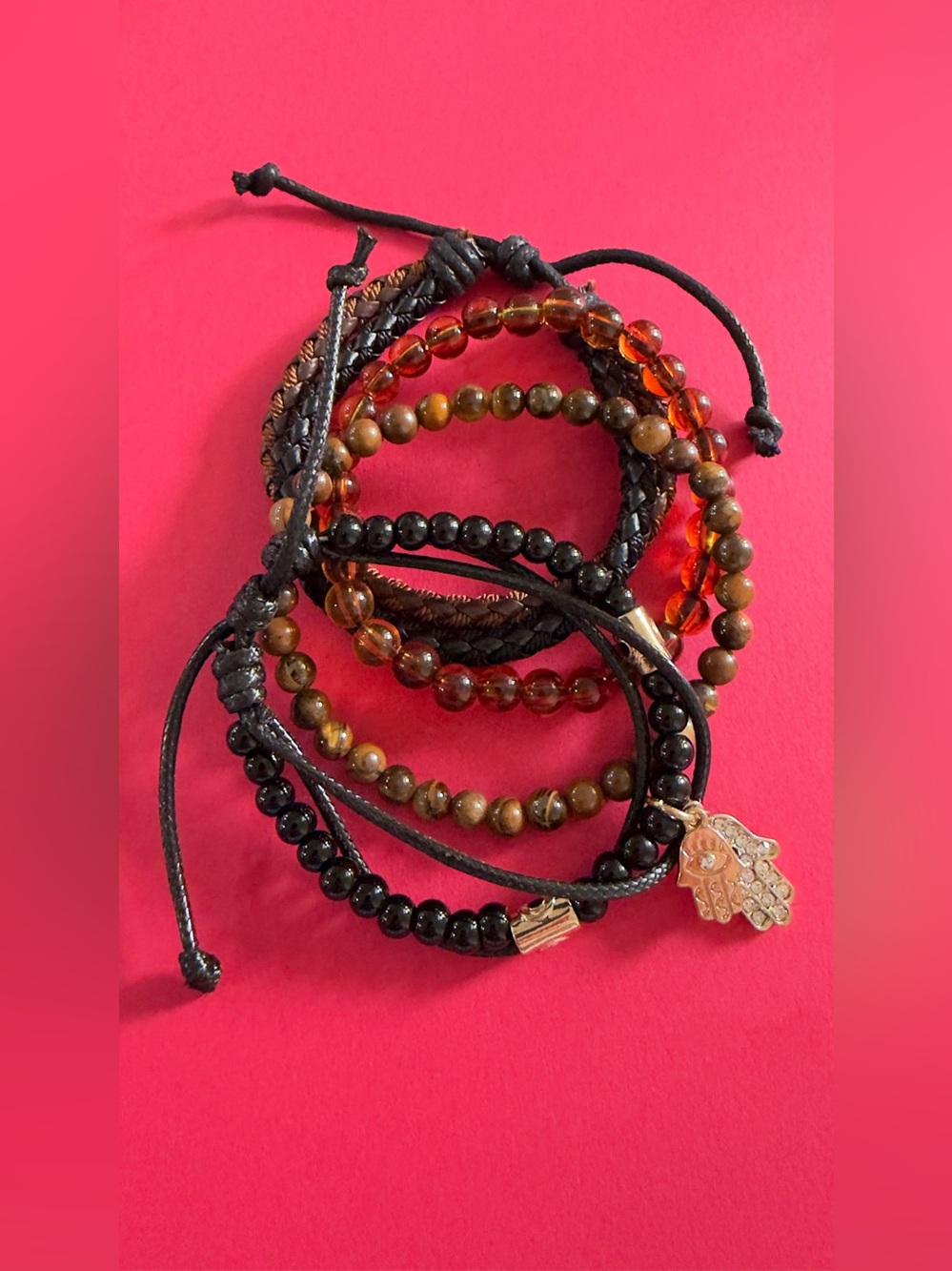 Aldo Black, Brown & Amber Layered Bracelet Set with Hamsa Charm